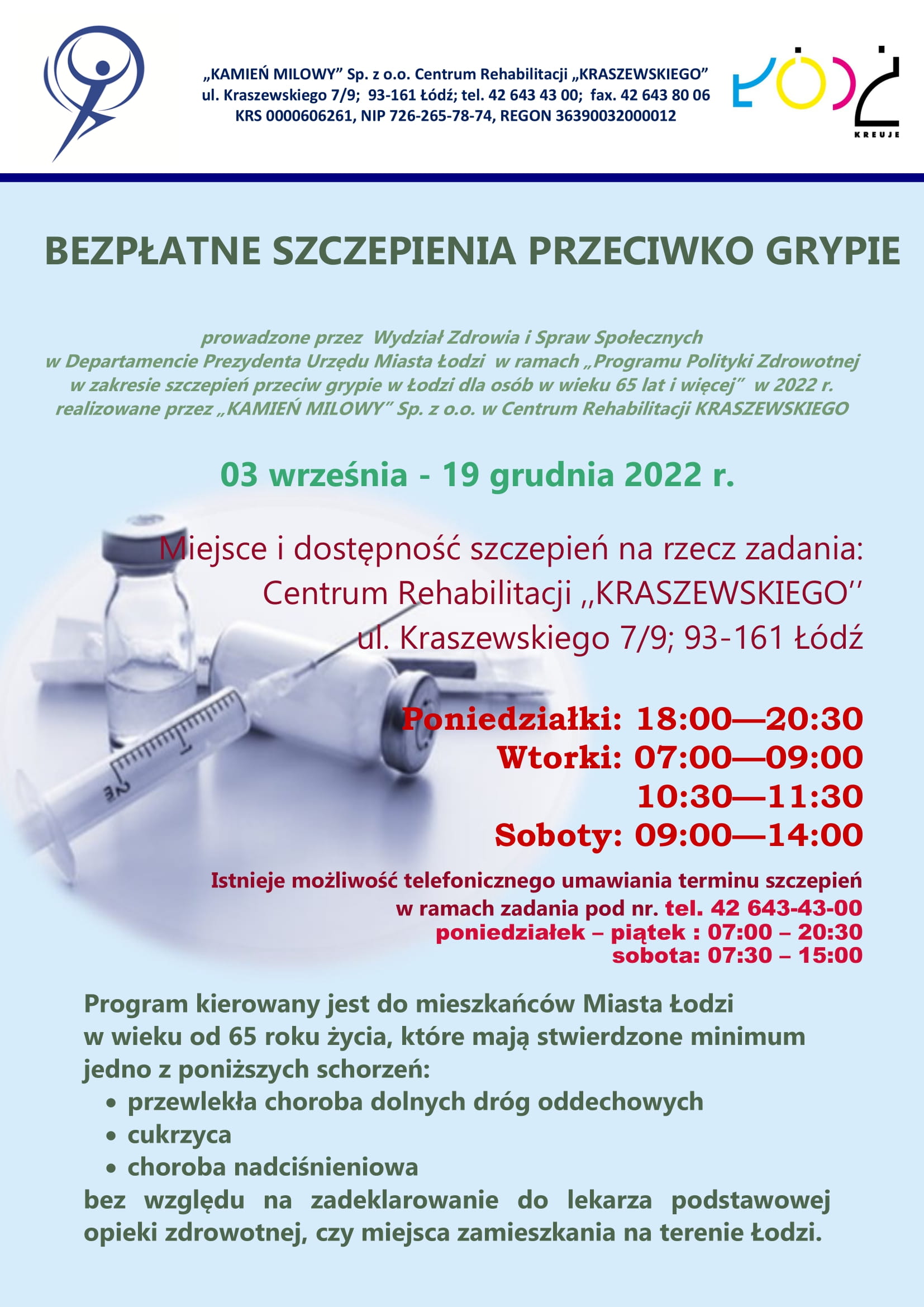 BEZPŁATNE SCZEPIENIE PRZECIWKO GRYPIE kraszewskiego